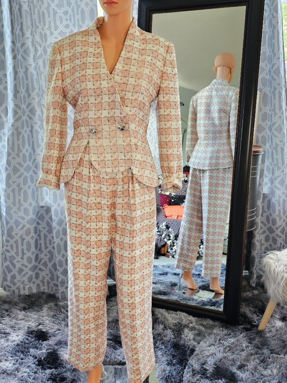 John Schwartz High‑Rise Tweed Pantsuit – Made in USA - Vintage - Size apprx S/XS
